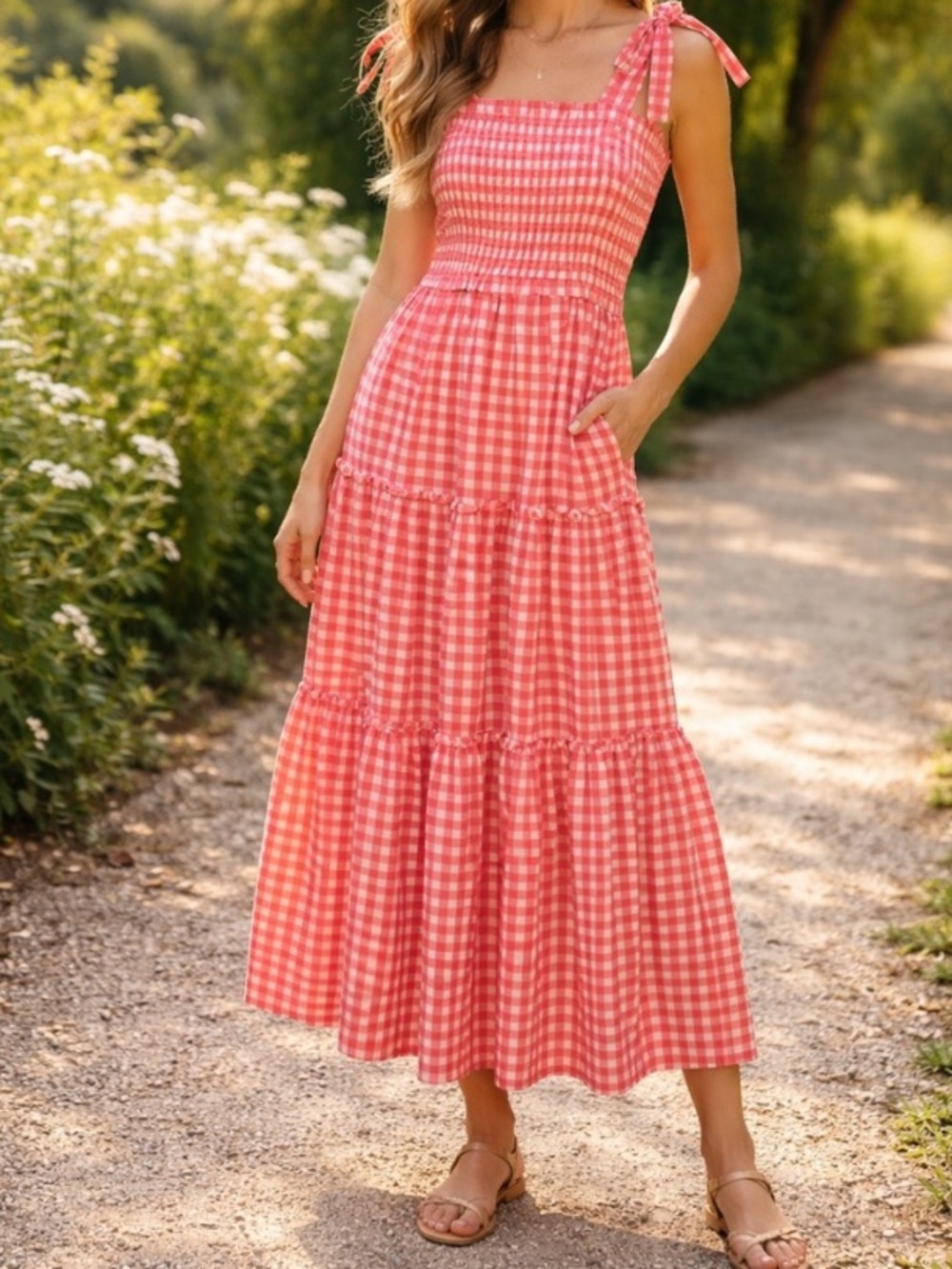 Pomander Place Gingham Tie-Shoulder Maxi Dress